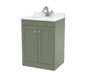 nuie CLC825WR1 Classique Traditional Bathroom Floor Standing 2 Door Unit & 1 Tap Hole Marble Worktop with Round Basin, 600mm, Satin Green/White