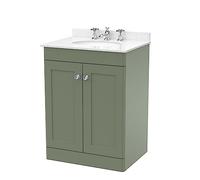 nuie CLC825WR3 Classique Traditional Bathroom Floor Standing 2 Door Unit & 3 Tap Hole Marble Worktop with Round Basin, 600mm, Satin Green/White