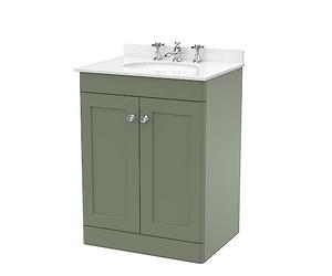 nuie CLC825WR3 Classique Traditional Bathroom Floor Standing 2 Door Unit & 3 Tap Hole Marble Worktop with Round Basin, 600mm, Satin Green/White