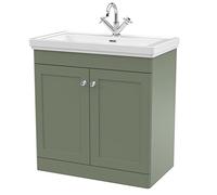 nuie CLC826A Classique Traditional Bathroom Floor Standing 2 Door Vanity Unit with 1 Tap Hole Fireclay Basin, 800mm, Satin Green