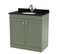 nuie CLC826BR1 Classique Traditional Bathroom Floor Standing 2 Door Unit & 1 Tap Hole Marble Worktop with Round Basin, 800mm, Satin Green/Black