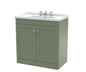 nuie CLC826G Classique Traditional Bathroom Floor Standing 2 Door Vanity Unit & 3 Tap Hole Ceramic Basin, 800mm, Satin Green