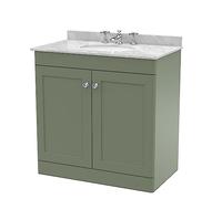 nuie CLC826GR3 Classique Traditional Bathroom Floor Standing 2 Door Unit & 3 Tap Hole Marble Worktop with Round Basin, 800mm, Satin Green/Grey