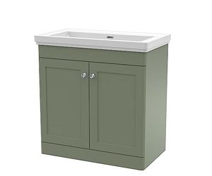 nuie CLC826H Classique Traditional Bathroom Floor Standing 2 Door Vanity Unit & 0 Tap Hole Fireclay Basin, 800mm, Satin Green
