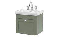 nuie CLC891B Classique Traditional Bathroom Wall Hung 1 Drawer Vanity Unit with 3 Tap Hole Fireclay Basin, 500mm, Satin Green