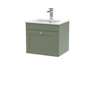nuie CLC891C Classique Traditional Bathroom Wall Hung 1 Drawer Unit & Minimalist Ceramic Basin, 500mm, Satin Green