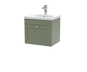 nuie CLC891D Classique Wall Hung 1 Drawer Unit & Mid-Edge Ceramic Basin, 500mm, Satin Green