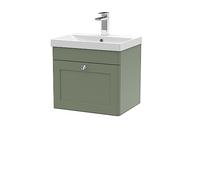 nuie CLC891E Classique Traditional Bathroom Wall Hung 1 Drawer Unit & Thin-Edge Ceramic Basin, 500mm, Satin Green