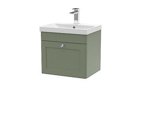 nuie CLC891E Classique Traditional Bathroom Wall Hung 1 Drawer Unit & Thin-Edge Ceramic Basin, 500mm, Satin Green