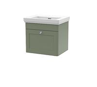 nuie CLC891H Classique Wall Hung 1 Drawer Vanity Unit & 0 Tap Hole Fireclay Basin, 500mm, Satin Green