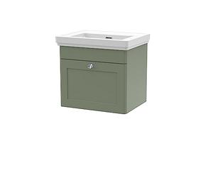 nuie CLC891H Classique Wall Hung 1 Drawer Vanity Unit & 0 Tap Hole Fireclay Basin, 500mm, Satin Green