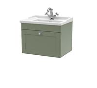 nuie CLC894F Classique Traditional Bathroom Wall Hung 1 Drawer Vanity Unit & 1 Tap Hole Ceramic Basin, 600mm, Satin Green