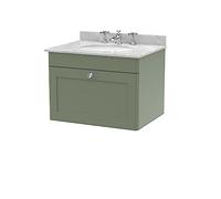 nuie CLC894GR3 Classique Wall Hung 1 Drawer Unit & 3 Tap Hole Marble Worktop with Round Basin, 600mm, Satin Green/Grey