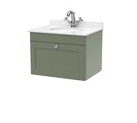 nuie CLC894WR1 Classique Wall Hung 1 Drawer Unit & 1 Tap Hole Marble Worktop with Round Basin, 600mm, Satin Green/White