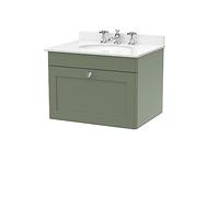 nuie CLC894WR3 Classique Wall Hung 1 Drawer Unit & 3 Tap Hole Marble Worktop with Round Basin, 600mm, Satin Green/White