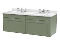 nuie CLC894WR6 Classique Wall Hung 2 Drawer Unit & 3 Tap Hole Double Marble Top with Round Basin, 1200mm, Satin Green/White