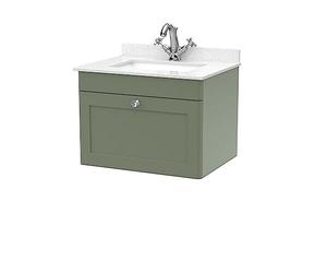nuie CLC894WS1 Classique Wall Hung 1 Drawer Unit & 1 Tap Hole Marble Worktop with Square Basin, 600mm, Satin Green/White