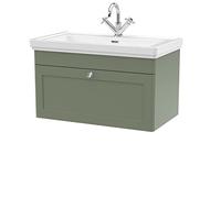 nuie CLC896A Classique Traditional Bathroom Wall Hung 1 Drawer Vanity Unit with 1 Tap Hole Fireclay Basin, 800mm, Satin Green