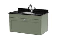 nuie CLC896BR1 Classique Wall Hung 1 Drawer Unit & 1 Tap Hole Marble Worktop with Round Basin, 800mm, Satin Green/Black