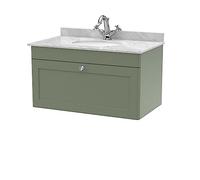 nuie CLC896GR1 Classique Wall Hung 1 Drawer Unit & 1 Tap Hole Marble Worktop with Round Basin, 800mm, Satin Green/Grey