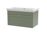 nuie CLC896H Classique Traditional Bathroom Wall Hung 1 Drawer Vanity Unit & 0 Tap Hole Fireclay Basin, 800mm, Satin Green