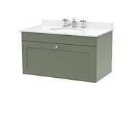 nuie CLC896WR3 Classique Wall Hung 1 Drawer Unit & 3 Tap Hole Marble Worktop with Round Basin, 800mm, Satin Green/White