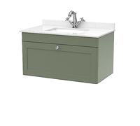 nuie CLC896WS1 Classique Wall Hung 1 Drawer Unit & 1 Tap Hole Marble Worktop with Square Basin, 800mm, Satin Green/White
