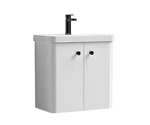 nuie COR1055 Core Modern Bathroom Furniture Bundle-Wall Hung 2 Soft Close Door Vanity Basin Unit & Indented Round Knob Handle, 600mm, Gloss White/Matt Black
