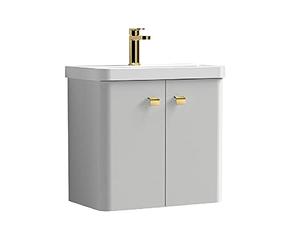 nuie COR4053 Core Modern Bathroom Furniture Bundle-Wall Hung 2 Soft Close Door Vanity Basin Unit & Square Drop Handle, 600mm, Brushed Brass, Gloss Grey Mist