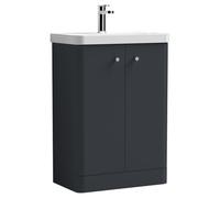 nuie COR1406 Core Modern Bathroom Floor Standing 2 Door Vanity Basin Unit with Ceramic Basin, 600mm, Soft Black