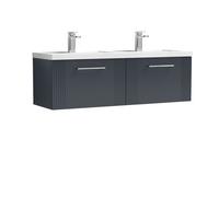 Nuie Deco Satin Wall Hung 2 Drawer Vanity Unit and Double Polymarble Basins | Soft Black | MDF | 1200mm