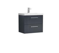 Nuie Deco Satin Wall Hung 2 Drawer Vanity Unit and Thin Edge Ceramic Basin | Soft Black | MDF | 600mm