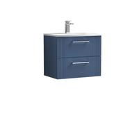 nuie DPF393G Deco Modern Bathroom Wall Hung 2 Drawer Part Fluted Vanity Unit with Curved Ceramic Basin, Satin Blue