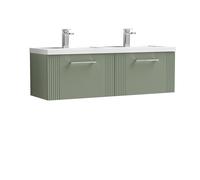 Nuie Deco Wall Hung 2 Drawer Vanity Unit and Double Polymarble Basins | Satin Green | MDF | 1200mm
