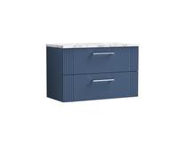 Nuie Deco Wall Hung 2-Drawer Vanity Unit & Bellato Grey Laminate Worktop, Counter Top Vanity Unit In Satin Blue, 800mm