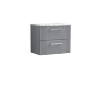 Nuie Deco Wall Hung 2-Drawer Vanity Unit & Bellato Grey Laminate Worktop, Counter Top Vanity Unit In Satin Grey, 600mm