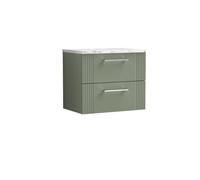 Nuie Deco Wall Hung 2-Drawer Vanity Unit & Bellato Grey Laminate Worktop, Counter Top Vanity Unit In Satin Green, 600mm