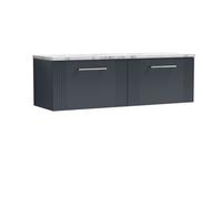 Nuie Deco Wall Hung 2-Drawer Vanity Unit & Carrera Marble Laminate Worktop, Counter Top Vanity Unit In Soft Black, 1200mm