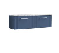 Nuie Deco Wall Hung 2-Drawer Vanity Unit & Carrera Marble Laminate Worktop, Counter Top Vanity Unit In Satin Blue, 1200mm