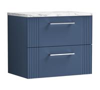 Nuie Deco Wall Hung 2 Drawer Vanity Unit with Matt Carrera Marble Laminate Worktop | Satin Blue | MFC | 600mm