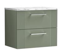 nuie DPF893LCM Deco Modern Bathroom Wall Hung 2 Soft Close Drawer Vanity Unit and Carrera Marble Laminate Worktop, 600mm, Satin Green