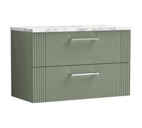 nuie Deco 800 Wall Hung 2-Drawer Vanity & Laminate Worktop - Satin Green, Green