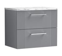 nuie DPF293LCM Deco Modern Bathroom Wall Hung 2 Soft Close Drawer Vanity Unit and Carrera Marble Laminate Worktop, 600mm, Satin Grey