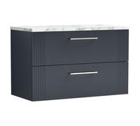 nuie DPF1495LCM Deco Modern Bathroom Wall Hung 2 Close Drawer Vanity Unit and Carrera Marble Laminate Worktop, 800mm, Soft Black