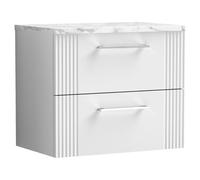 Nuie Deco Wall Hung 2 Drawer Vanity Unit with Carrera Marble Laminate Worktop | Satin White | MFC | 600mm