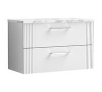 nuie DPF195LCM Deco Modern Bathroom Wall Hung 2 Soft Close Drawer Vanity Unit and Carrera Marble Laminate Worktop, 800mm, Satin White
