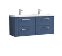 Nuie Deco Wall Hung 4 Drawer Vanity Unit and Double Ceramic Basins | Satin Blue | MDF | 1200mm