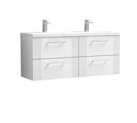 Nuie Deco Wall Hung 4 Drawer Vanity Unit and Double Ceramic Basins | Satin White | MDF | 1200mm