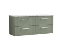 Nuie Deco Wall Hung 4-Drawer Vanity Unit & Carrera Marble Laminate Worktop, Counter Top Vanity Unit In Satin Green, 1200mm
