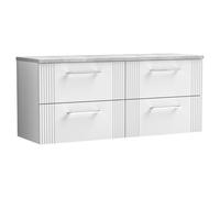 Nuie Deco Wall Hung 4 Drawer Vanity Unit with Bellato Grey Worktop | Satin White | MFC | 1200mm